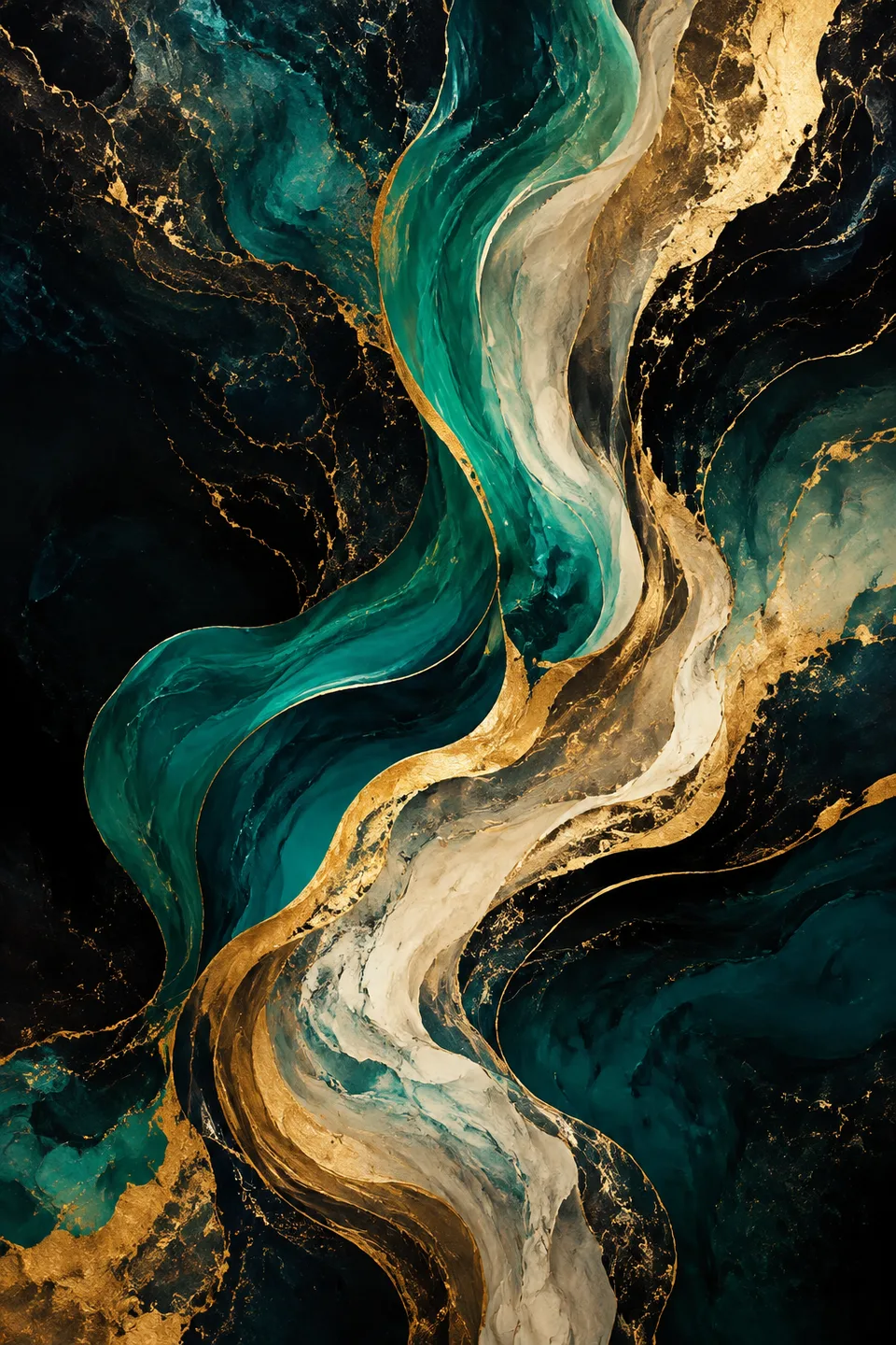 Flowing emerald, ivory and gold abstract artwork on a dark background