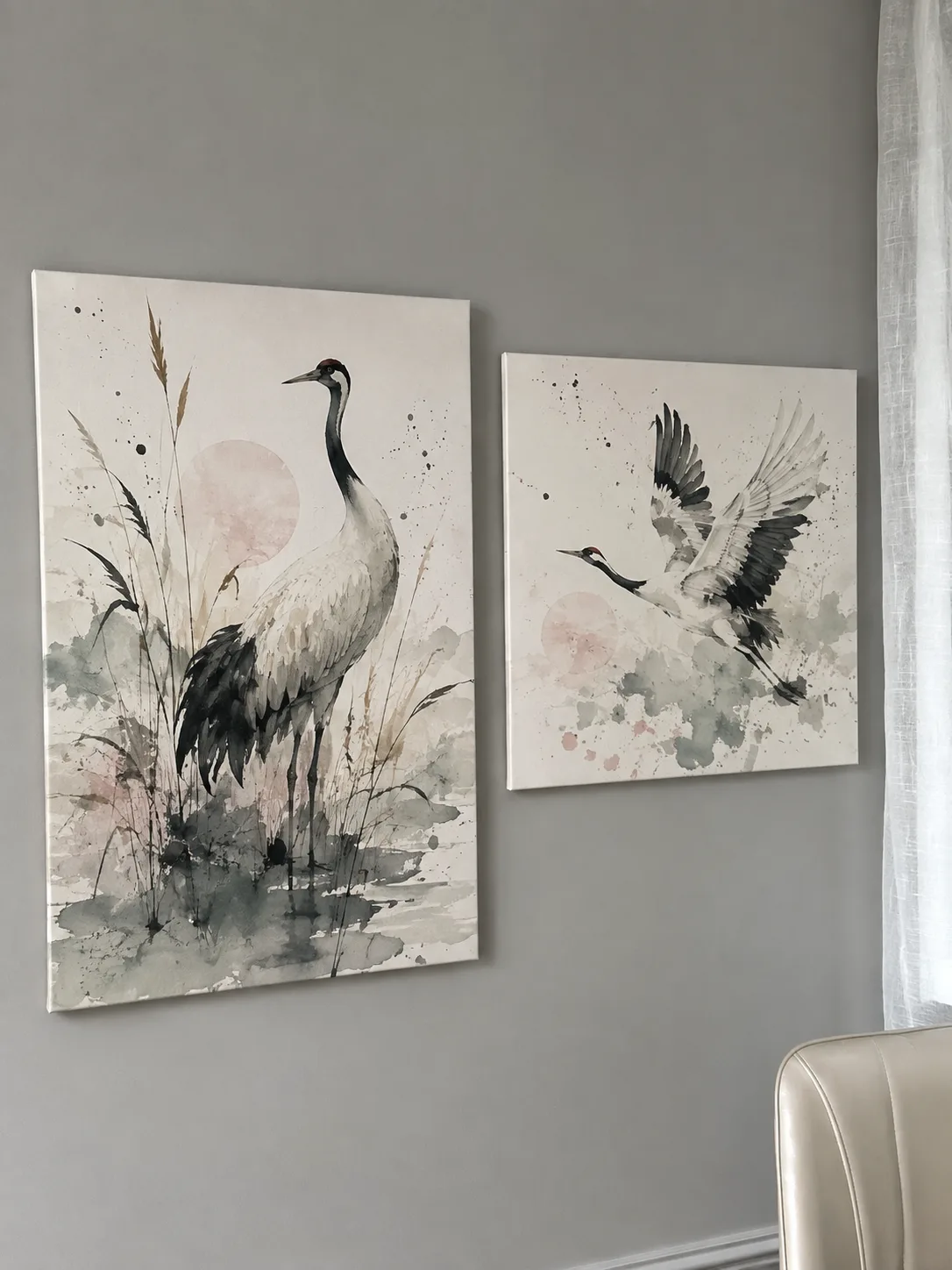 Watercolour cranes decorative metal cover design shown on a wall
