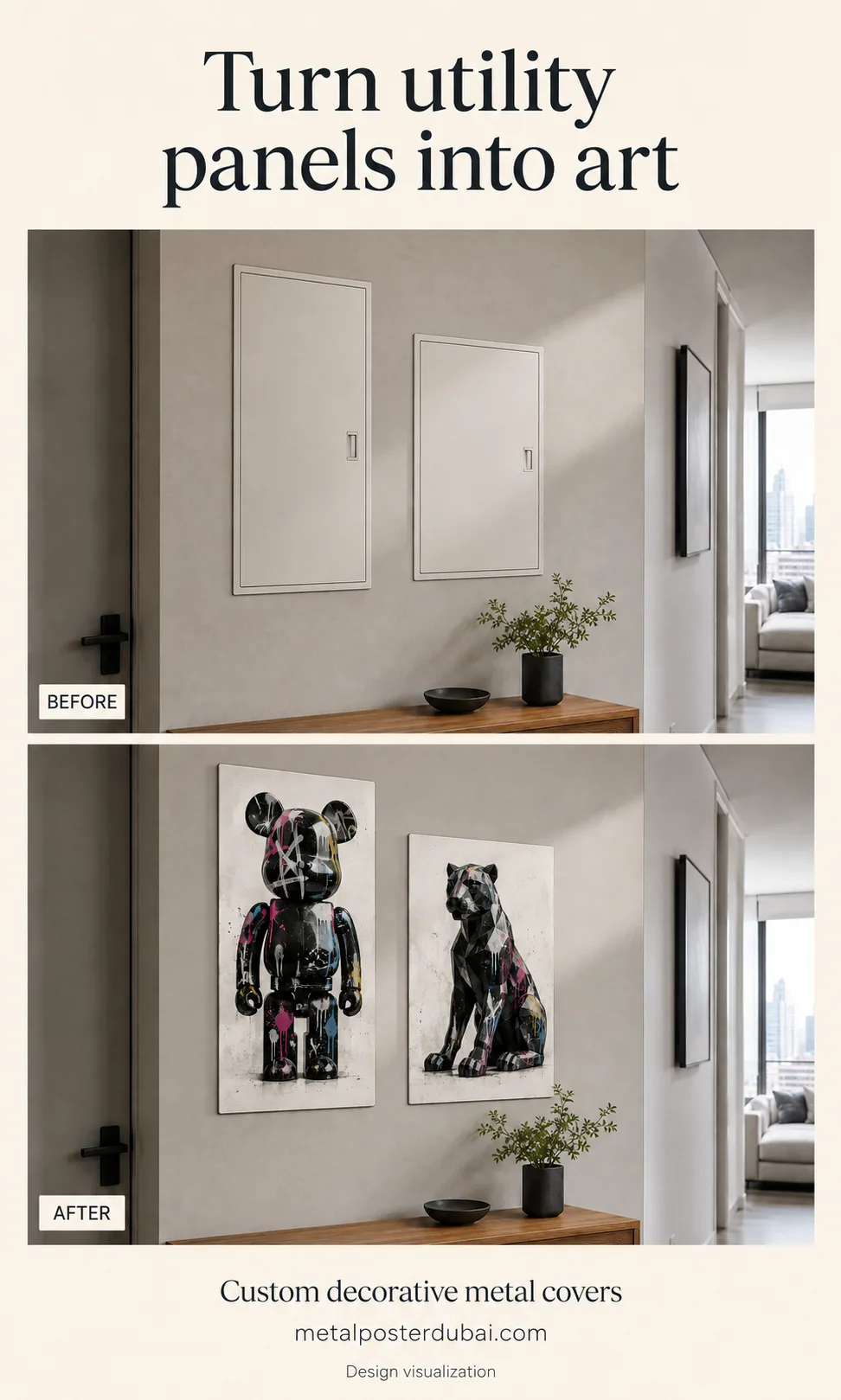 Before: two plain electrical panels. After: coordinating street-art metal covers in the same hallway.