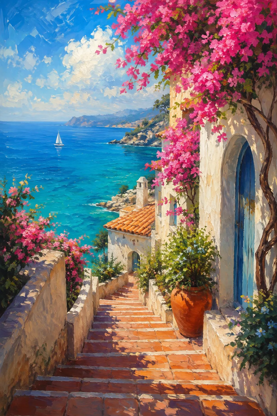 Sunlit coastal steps, pink bougainvillea and a turquoise Mediterranean sea