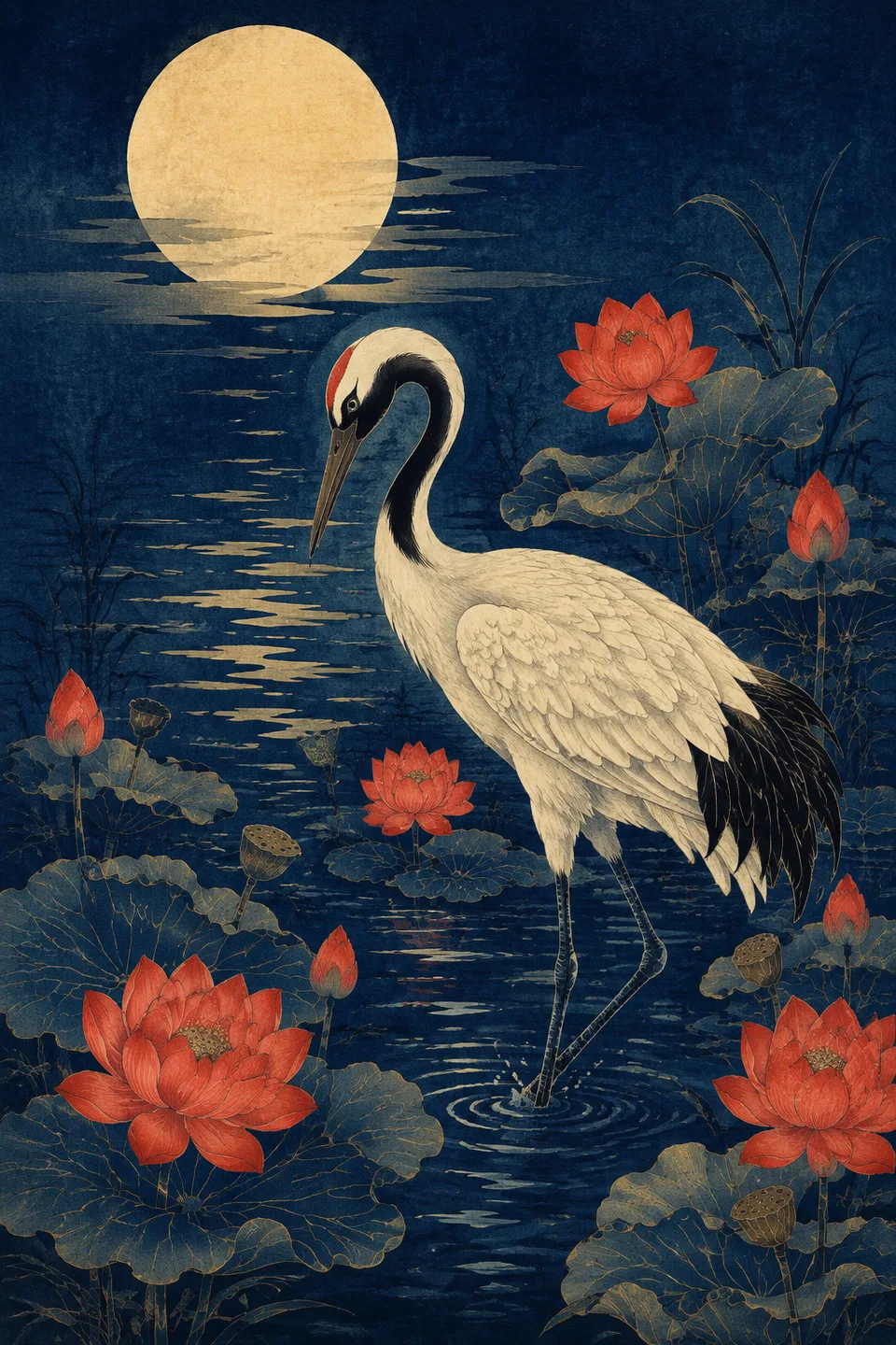 White crane and red lotus flowers beneath a golden moon on an indigo background